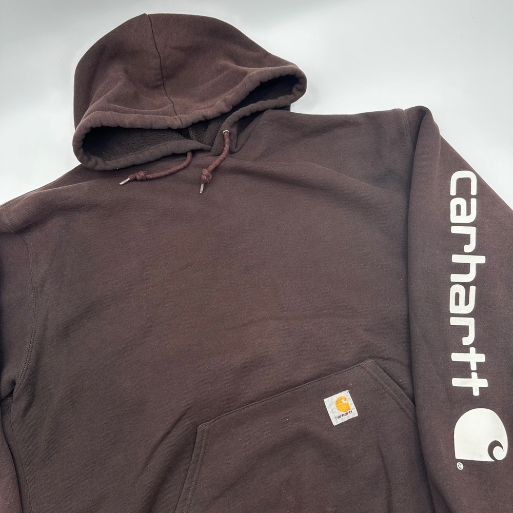 Carhartt K288 DKB Mens Large Brown Midweight Logo Sleeve Hoodie Thrashed READ